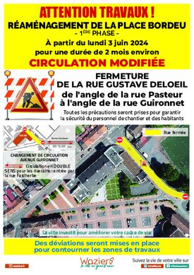 Travaux : Réaménagement de la place Bordeu
Circulation modifiée, fermeture de la rue Gustave Deloeil